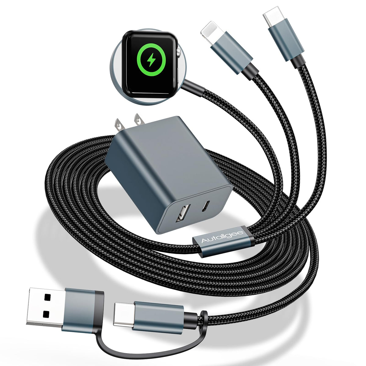 Short 8inch 3 in 2 Multi Charging Cable for Apple Watch Charger USB C iWatch Charger Fast Charging Cable Compatible with iWatch Ultra/SE/10/9/8/7/6/5/4/3/2/1 iPhone 16/15/14/13/Galaxy S23